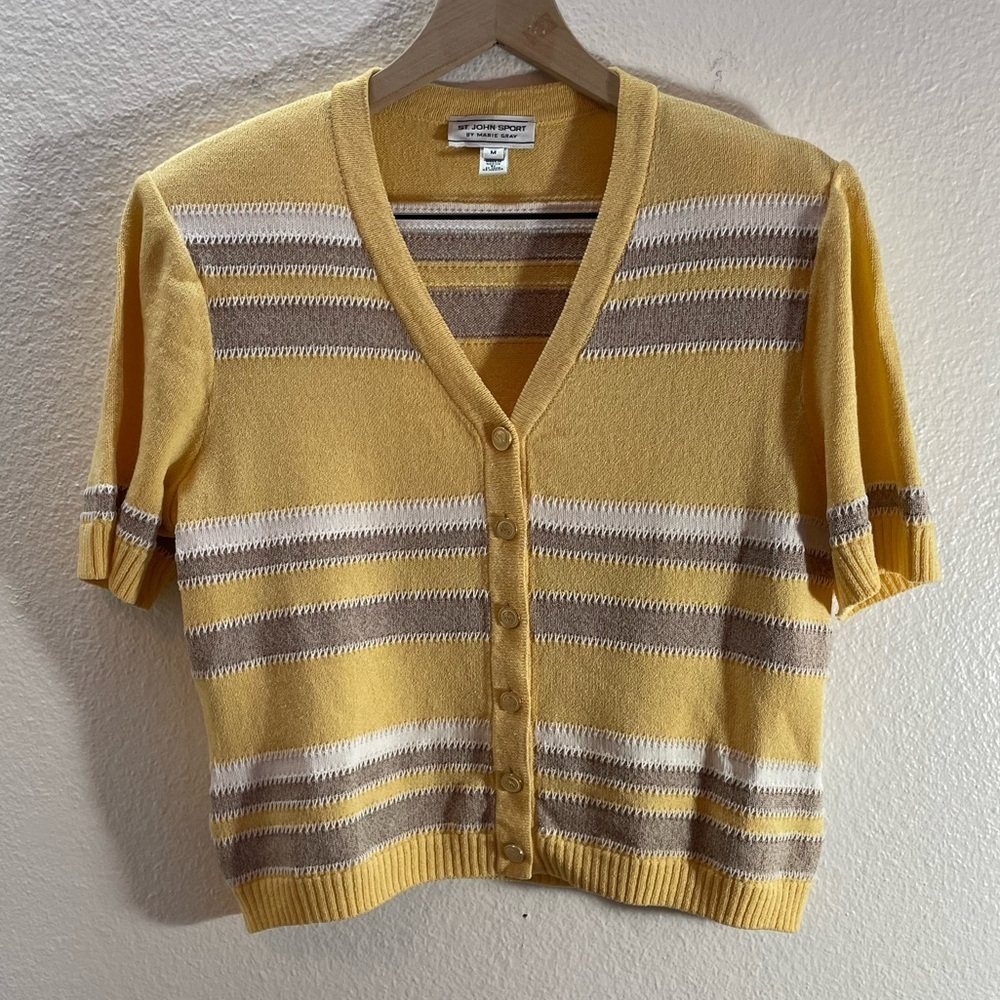 St. John Marie Gray Yellow Wool Silk Unique Buttons V-Neck 80’s 90’s Top Size M